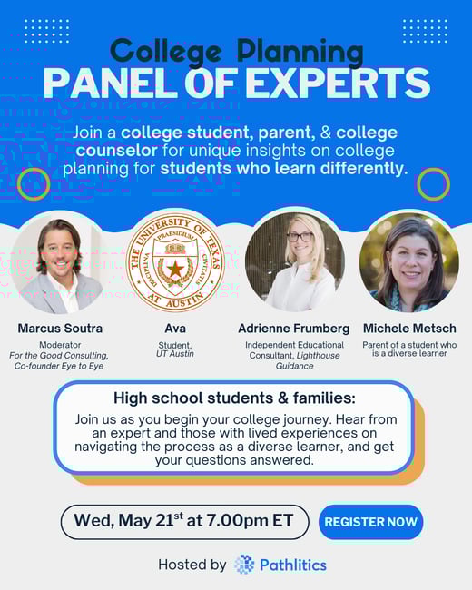 Title in white text and blue background says "College Planning Panel of Experts" webinar announcement. Features the moderator, Marcus Soutra, and panelists Ava (college student, UT Austin), Adrienne Frumberg (IEC), and Michele Metsch (parent of ND students).