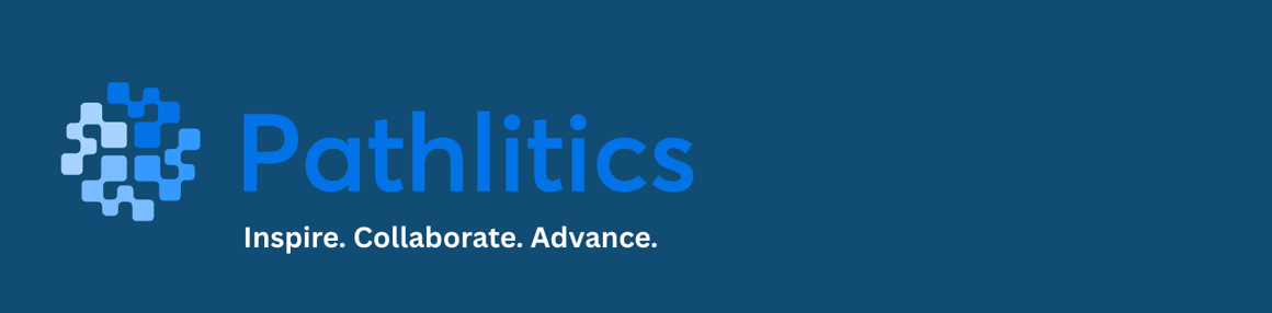 Pathlitics logo - shades of blue in a circle. Within the circle, shows chat icons forging together. Below Pathlitics, reads "Inspire. Collaborate. Advance."